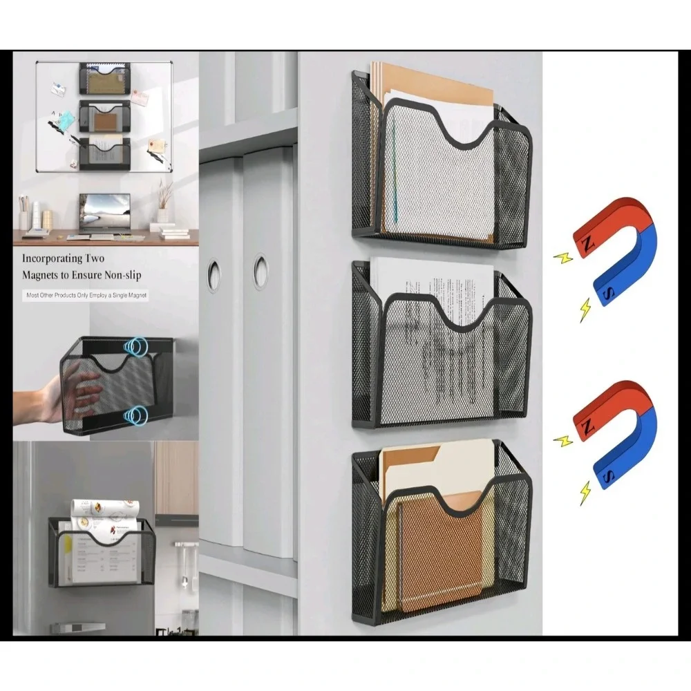 Magnetic File Holder Set - 3PCS Paper Organizer, No Drill Mail & Document Rack,